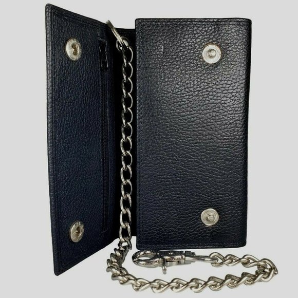 Men's Cowhide Black Leather Trifold Chain Motorcycle Biker Long Checkbook Wallet - Picture 4 of 8